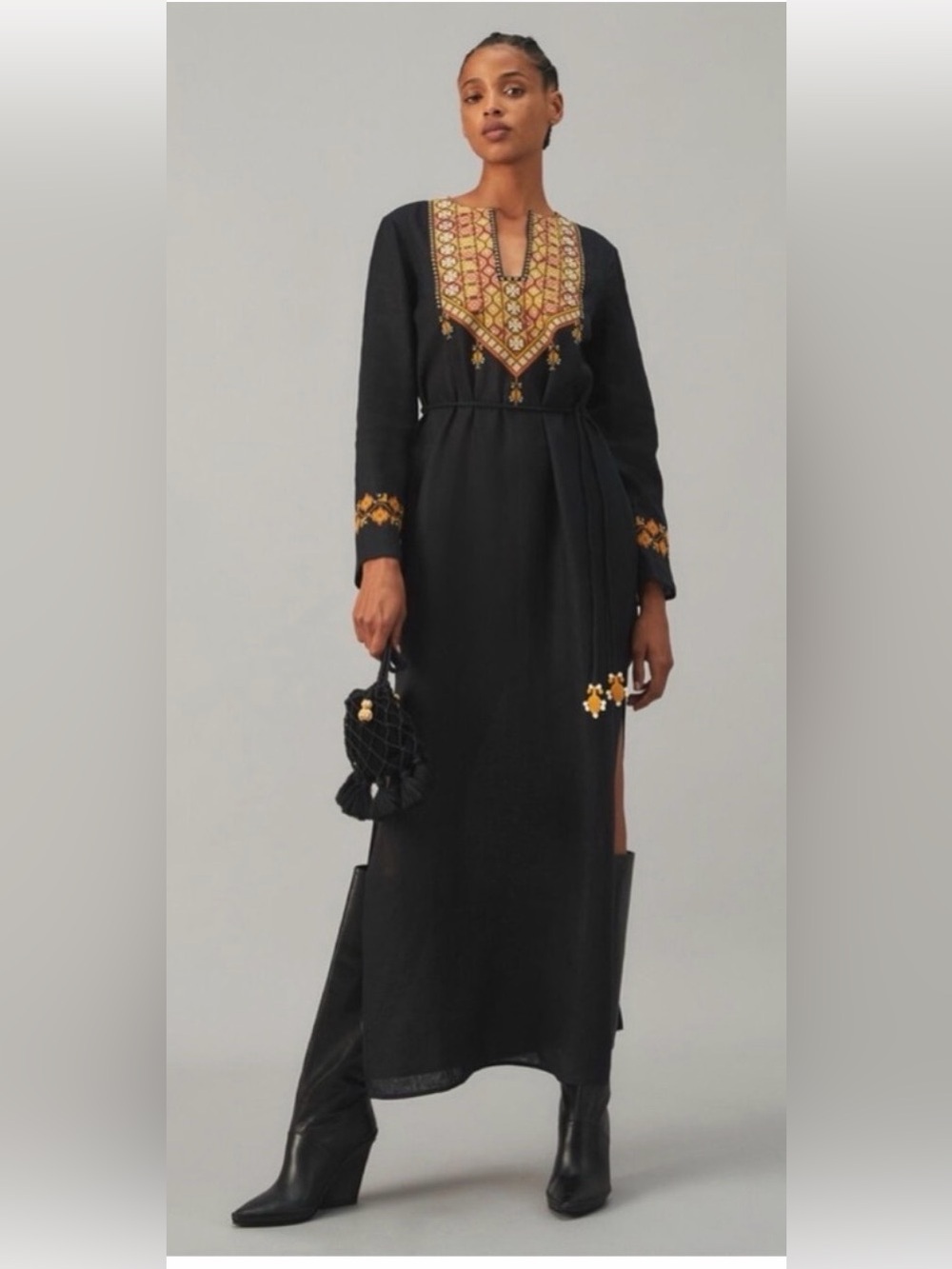 Tory Burch 100% Linen Black Caftan Embroidered Dress Women’s Small